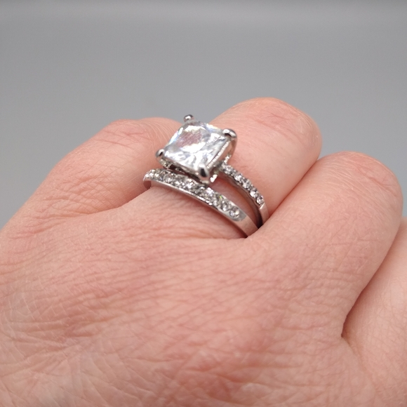 Silver Princess Cut Pavé Bridal Engagement Set - Picture 14 of 15